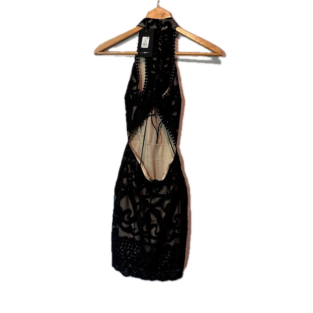 Fashion Nova Black Lace Halter Mini Dress Open Back Nude Lining XS BCD35994 - Picture 7 of 7